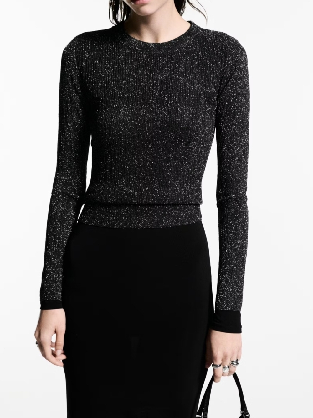 Mango Black Sparkle Long-Sleeve Crewneck Top
